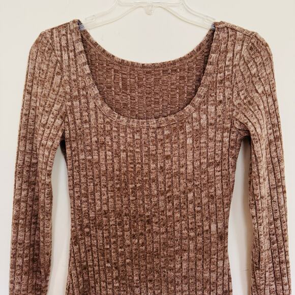 Shein Womens Ribbed Scoop Neck Midi Split Thigh Bodycon Brown Dress Sz XS - Picture 4 of 9